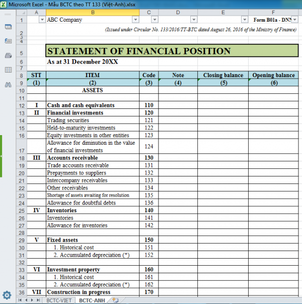 Mẫu BCTC theo TT 133 (Việt-Anh)