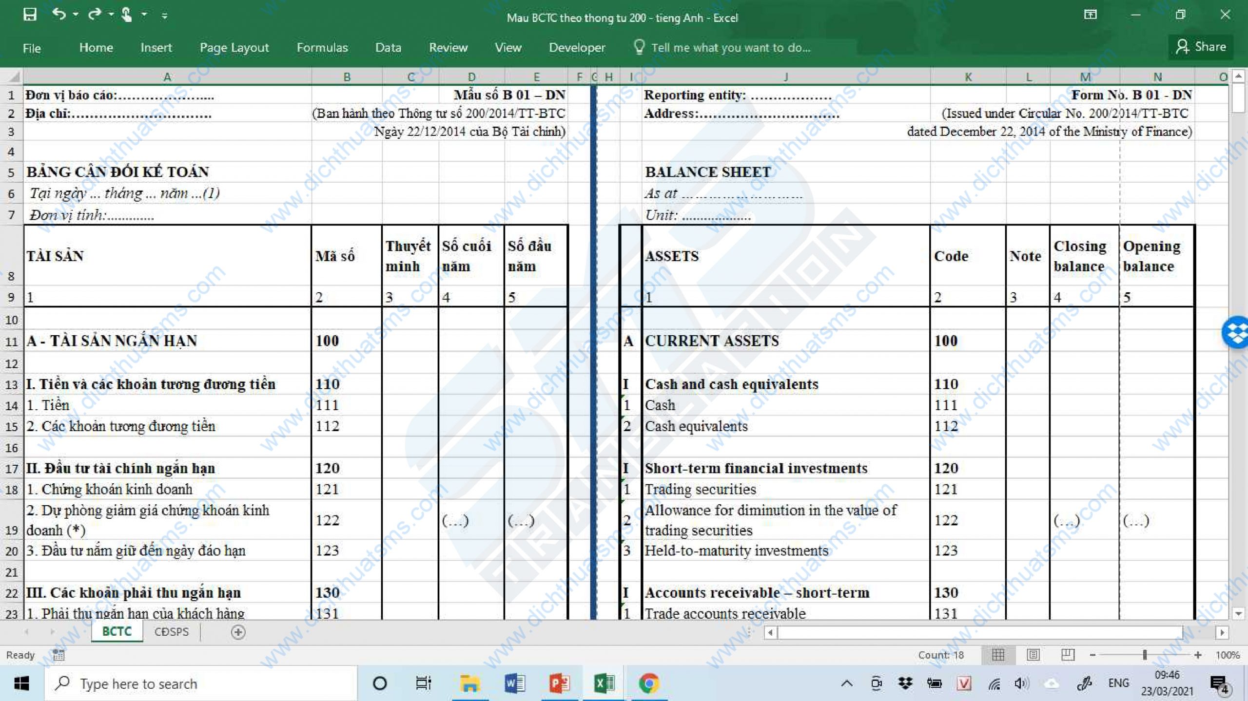 Mẫu Báo Cáo Tài Chính Tiếng Anh Theo Thông Tư 200/2014/Tt-Btc (File Excel)