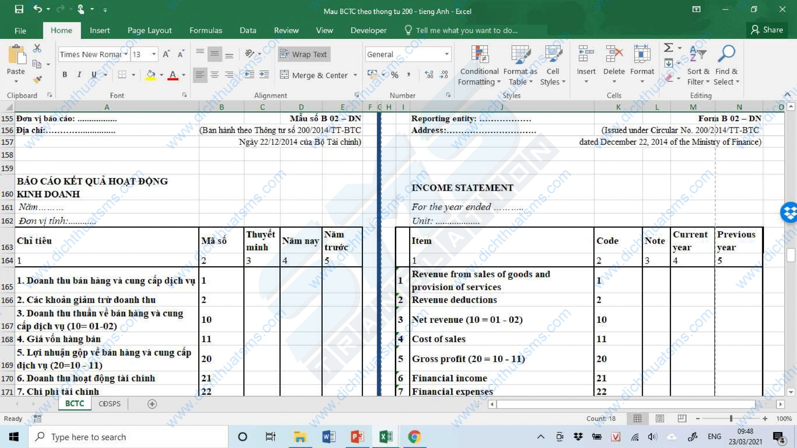 Mau BCTC theo thong tu 200 - Bao cao ket qua hoat dong kinh doanh - tieng Anh