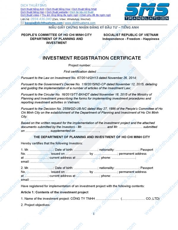 Mẫu Bản dịch Giấy chứng nhận đăng ký đầu tư tiếng Anh (Investment Registration Certificate) được dịch bởi đội ngũ Dịch Thuật SMS, công ty chuyên dịch thuật hồ sơ pháp lý.