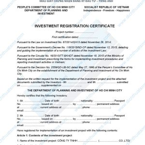 Mẫu Bản dịch Giấy chứng nhận đăng ký đầu tư tiếng Anh (Investment Registration Certificate) được dịch bởi đội ngũ Dịch Thuật SMS, công ty chuyên dịch thuật hồ sơ pháp lý.