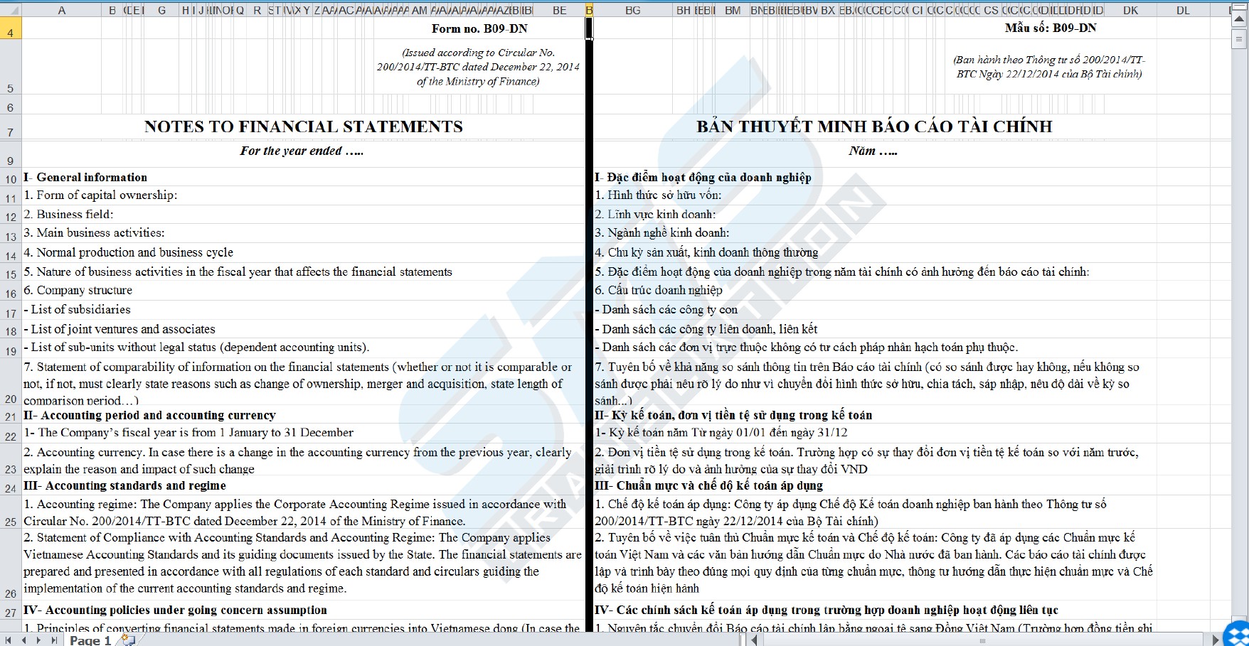 file excel mẫu bản dịch Thuyết minh Báo cáo tài chính tiếng Anh (Notes to financial statements), được chúng tôi dịch chuẩn xác theo đúng Mẫu số B09-DN Thuyết minh BCTC ban hành theo Thông tư 200/2014/TT-BTC