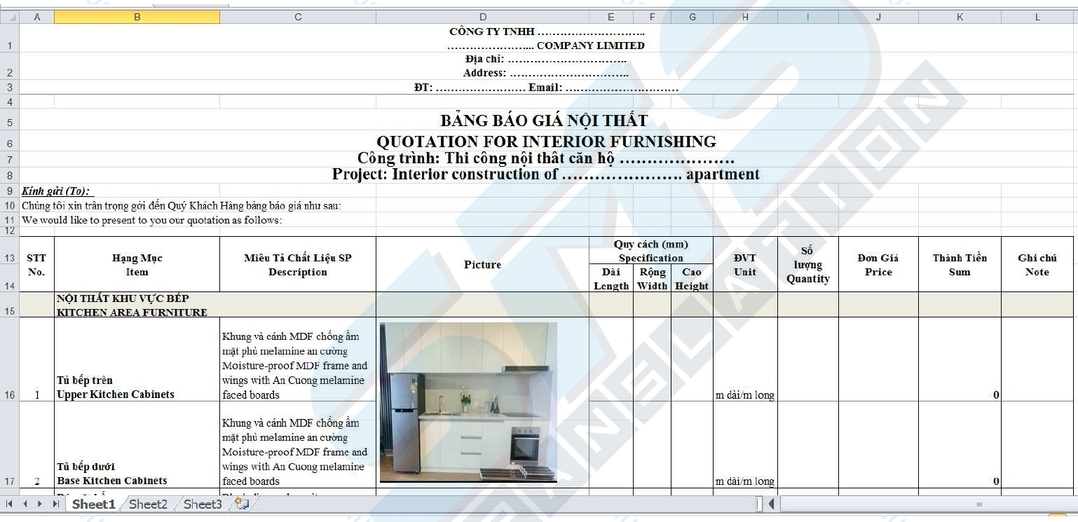 Bảng báo giá cung ứng và thi công hoàn thiện nội thất cho công trình căn hộ chung cư hoặc nhà phố, bản dịch song ngữ Việt Anh được dịch thuật bởi chính đội ngũ Dịch Thuật SMS.