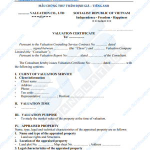 Dịch Thuật SMS xin giới thiệu bộ mẫu Chứng thư thẩm định giá BĐS (Valuation certificate), gồm bản gốc tiếng Việt và bản dịch tiếng Anh. Bản tiếng Việt là chứng thư thẩm định giá bất động sản theo mẫu chuẩn của công ty thẩm định giá chuyên nghiệp, còn bản tiếng Anh được dịch bởi đội ngũ dịch tài liệu tiếng Anh chuyên nghiệp của chúng tôi.