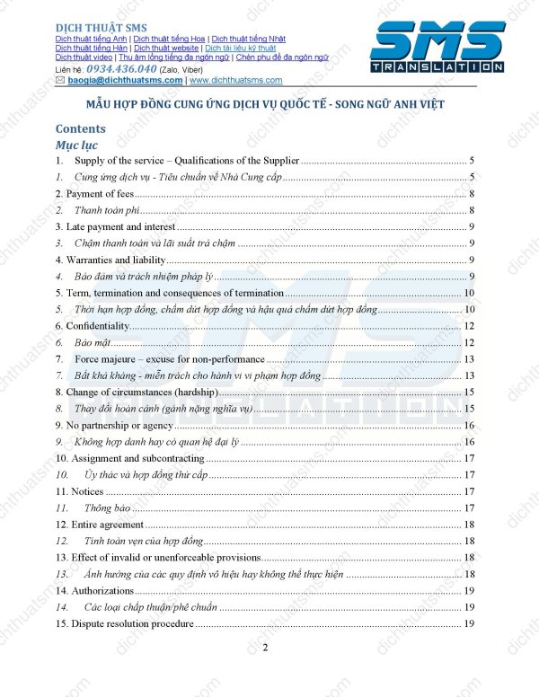 Xin giới thiệu mẫu Hợp đồng cung ứng dịch vụ quốc tế (Contract for International Supply of Services) bằng tiếng Anh, Việt và song ngữ Anh-Việt được dịch thuật chuẩn xác dựa trên hợp đồng mẫu đề xuất của Trung tâm Thương mại Quốc tế (ITC), cơ quan hợp tác chung của Tổ chức Thương mại Thế giới (WTO) và Liên Hợp Quốc.