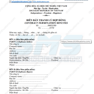 Xin giới thiệu mẫu Biên bản thanh lý Hợp đồng mua bán phần mềm (Contract termination minutes) - song ngữ Anh Việt. Đây là mẫu biên bản được sử dụng kèm theo Mẫu hợp đồng mua bán phần mềm song ngữ (Software Acquisition Contract) của chúng tôi.